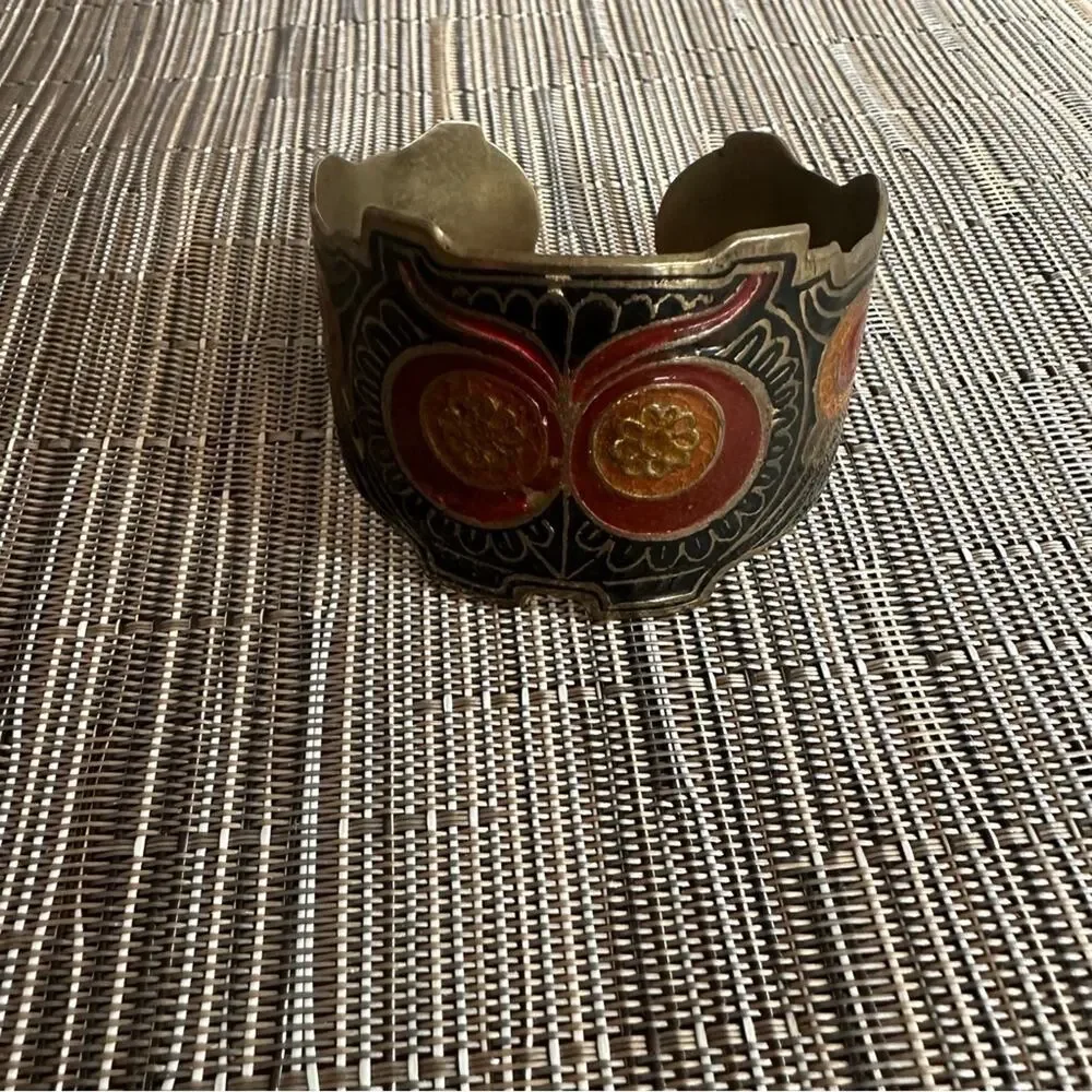 Vintage Brass Owl Cuff Bracelet Enamel India  * flaws 60s 70s 80s